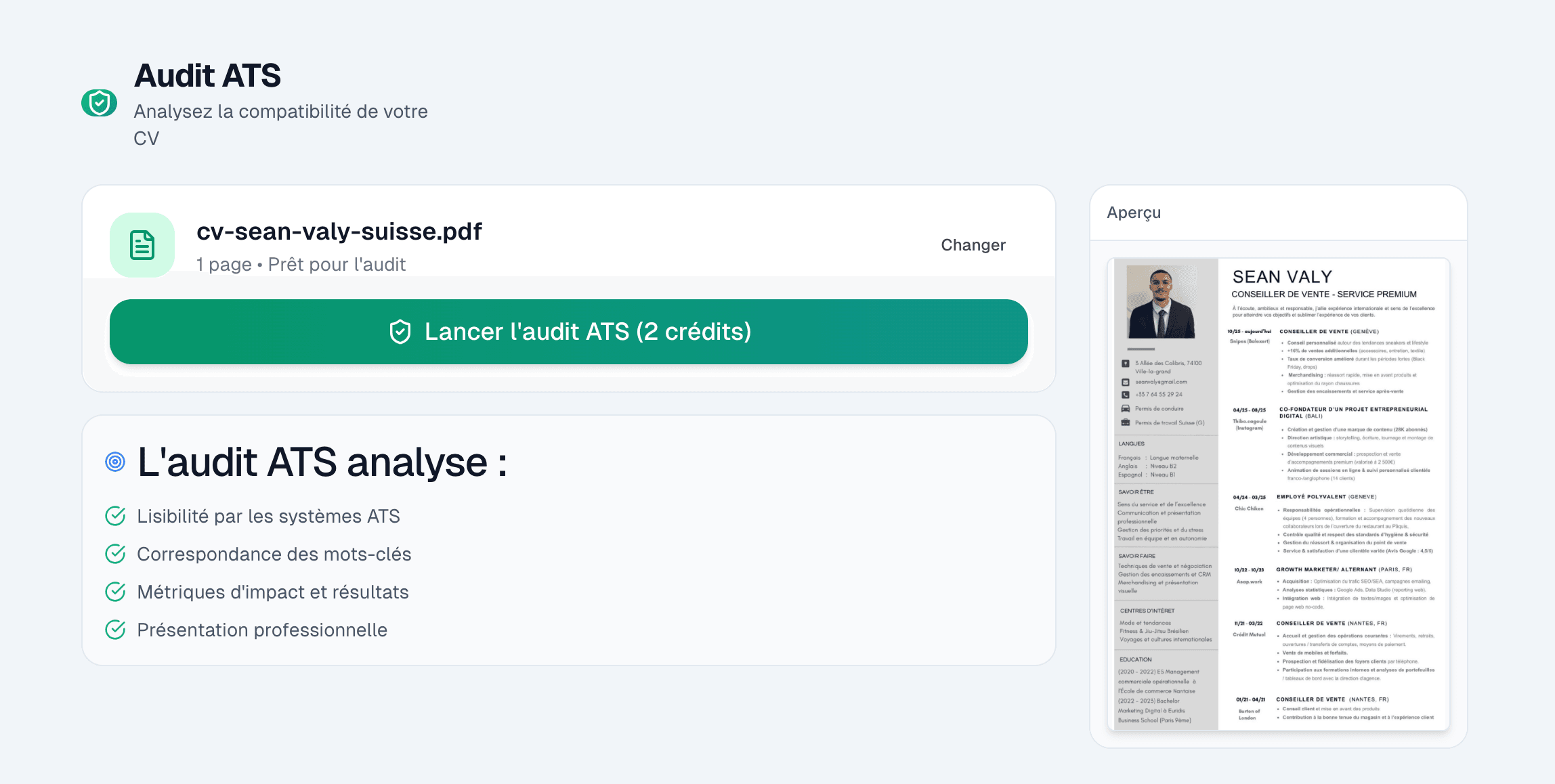 Audit ATS complet - Analyse CV ATS et optimisation avec intelligence artificielle